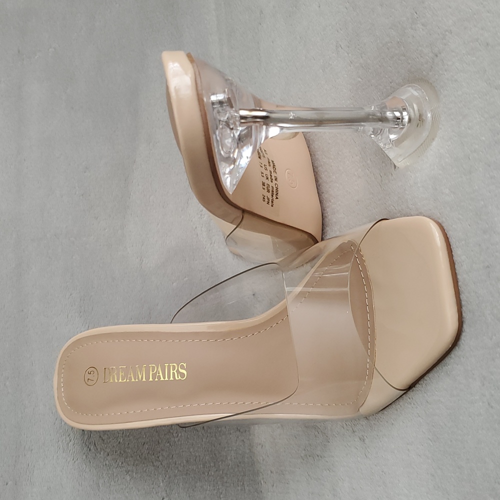 DREAM PAIRS Nude Transparent Square Toe Mule Stiletto Heels WOMENS SIZE: 7.5